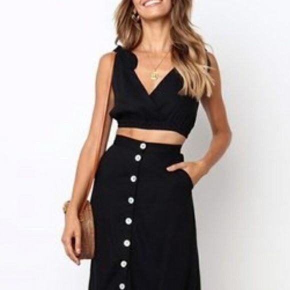 Black Midi Skirt & Crop Top Set by Laklook Size L NWT 2 Piece Outfit - Picture 3 of 11